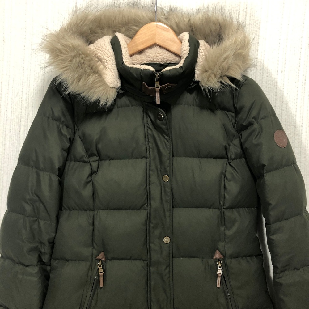 Lauren Ralph Lauren Womens Olive‎ Green Quilted Puffer Parka Faux Fur Hood Small